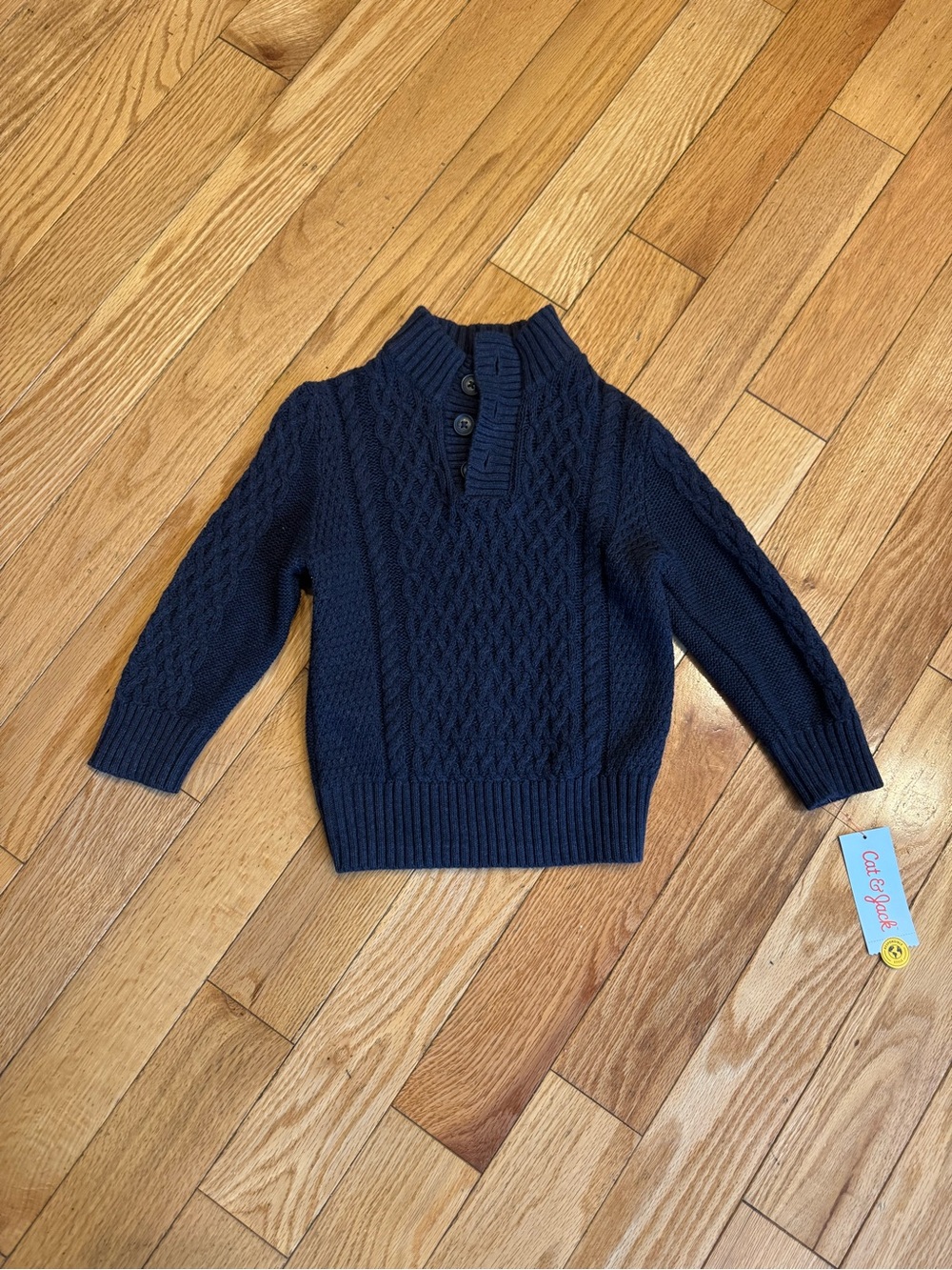 2T Navy Cable Knit Button Neck Sweater